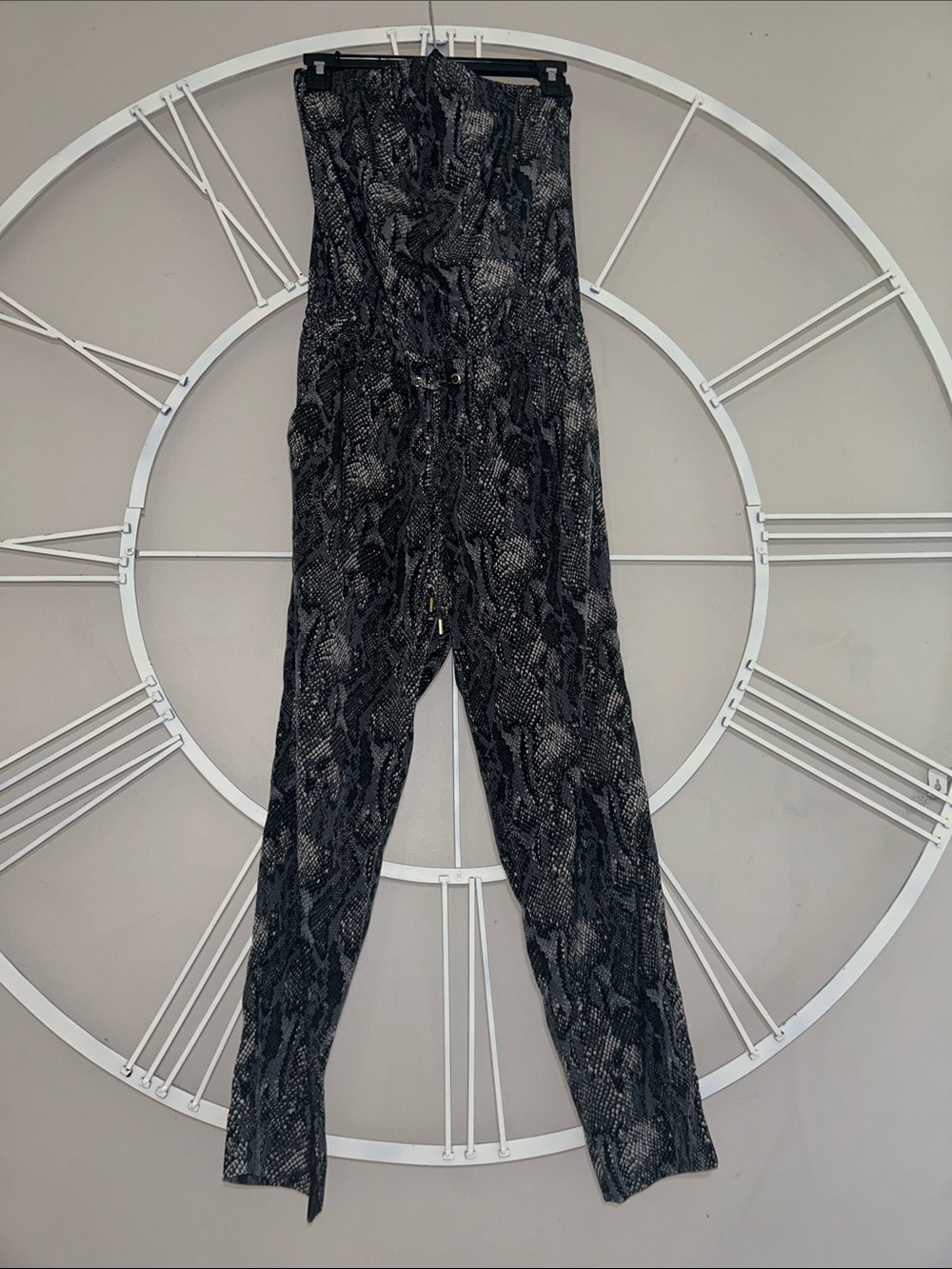 Express Strapless Black and Gray Snake-Print Drawstring High-Waist Jumpsuit